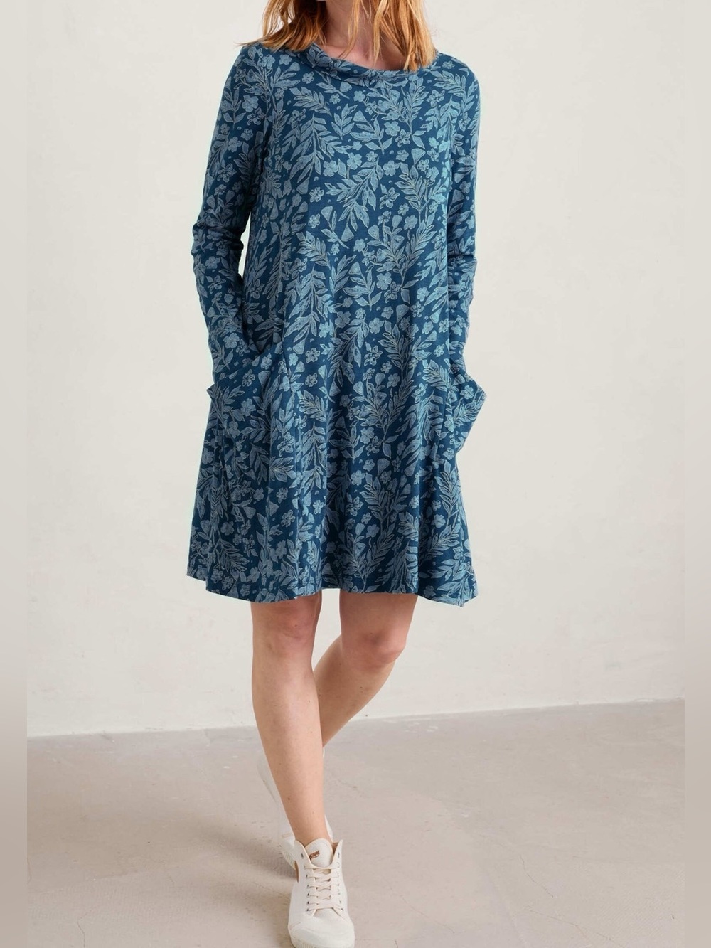 Seasalt Cornwall Sea Oak Jersey dress 8 petite teal floral organic cotton pocket